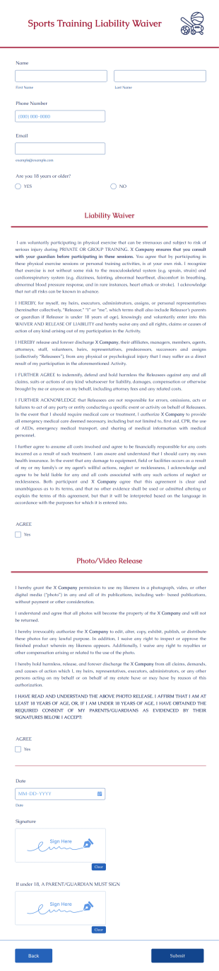 Sports Training Liability Waiver Form Template