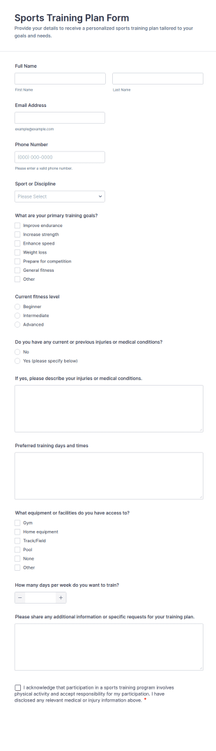 Sports Training Plan Form Template