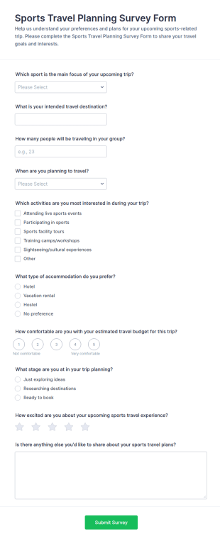 Sports Travel Planning Survey Form Template