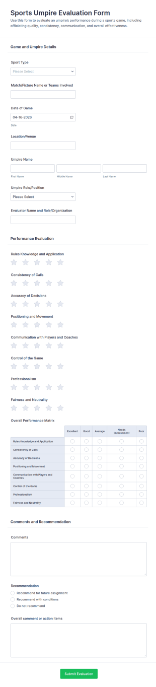Sports Umpire Evaluation Form Template