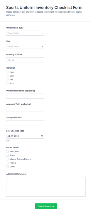 Sports Uniform Inventory Checklist Form Template