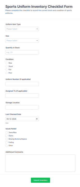 Sports Uniform Inventory Checklist Form Template