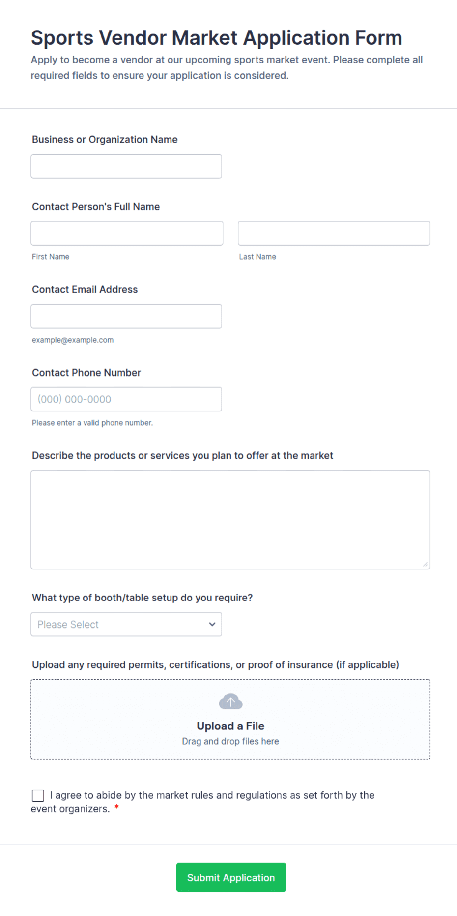 Sports Vendor Market Application Form Template | Jotform