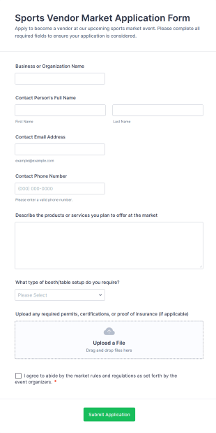 Sports Vendor Market Application Form Form Template