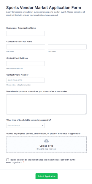 Sports Vendor Market Application Form Template