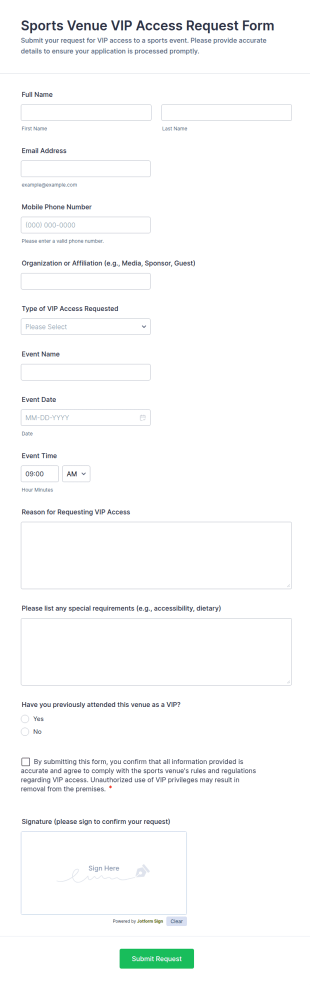 Sports Venue VIP Access Request Form Template