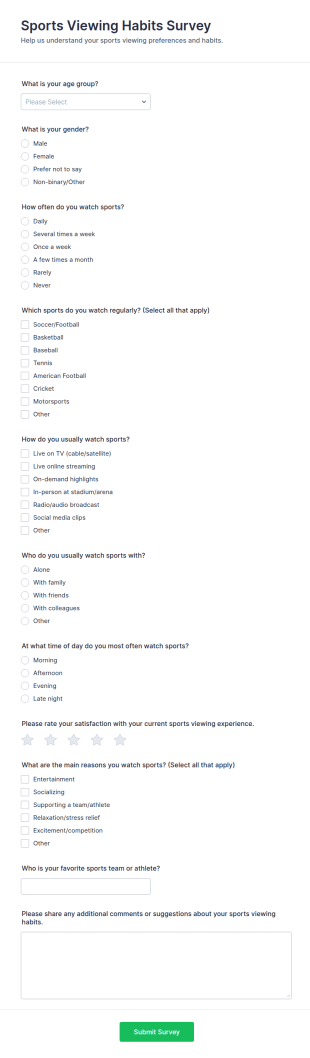Sports Viewing Habits Survey Form Template