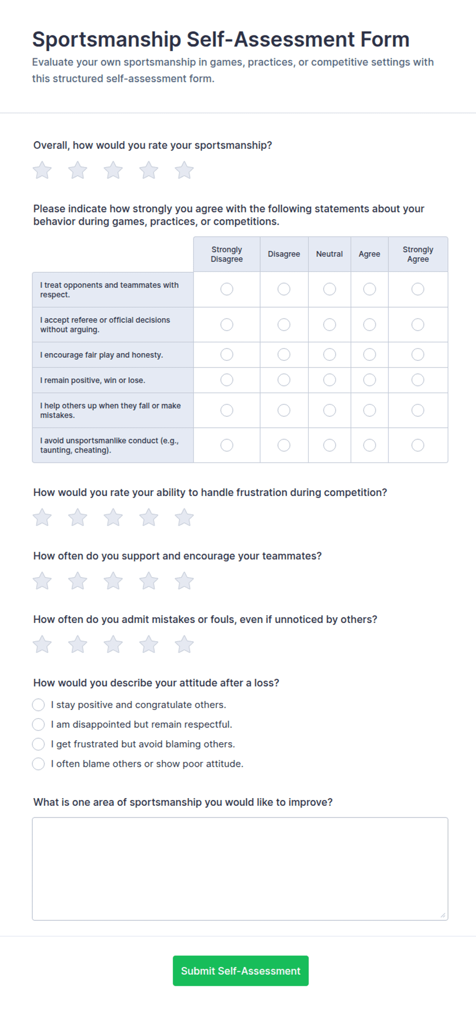 Sportsmanship Self-Assessment Form Template | Jotform