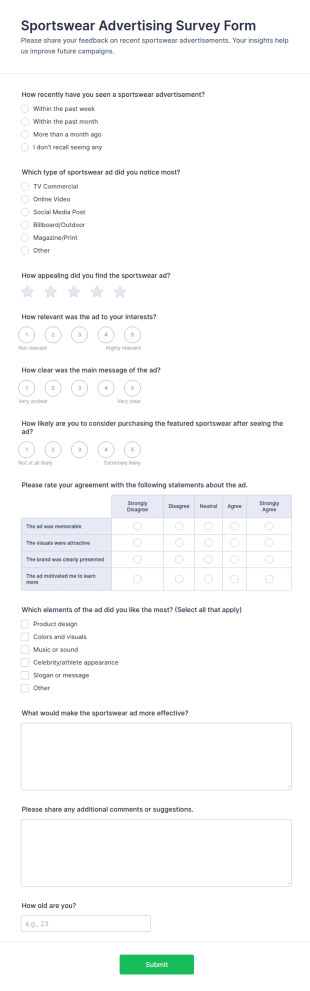 Sportswear Advertising Survey Form Template