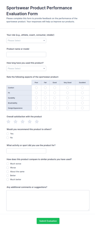 Sportswear Product Performance Evaluation Form Template