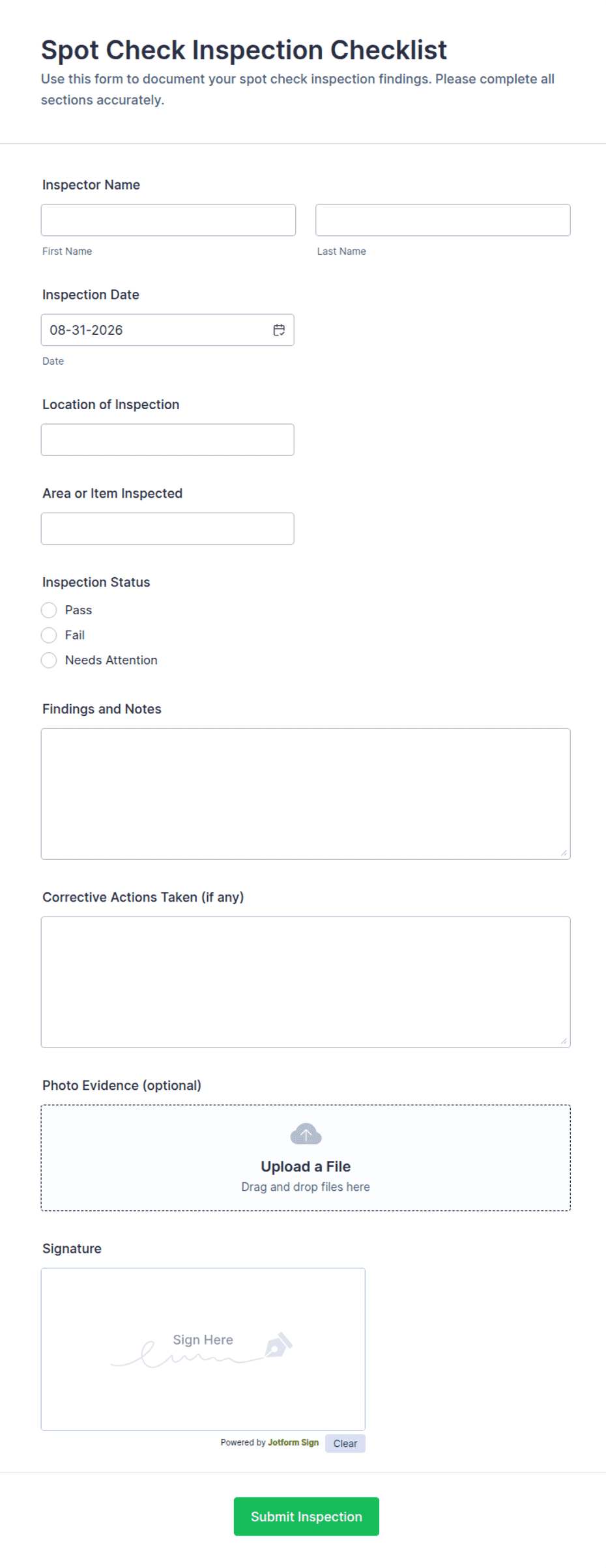 Spot Check Inspection Checklist Form Template | Jotform