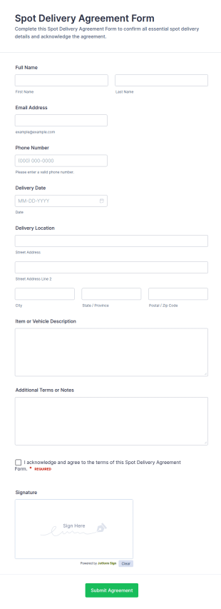 Spot Delivery Agreement Form Template