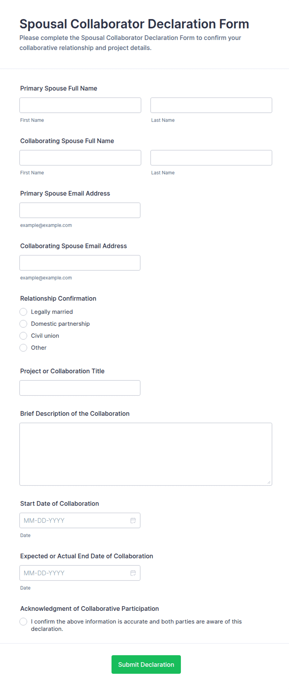 Spousal Collaborator Declaration Form Template | Jotform