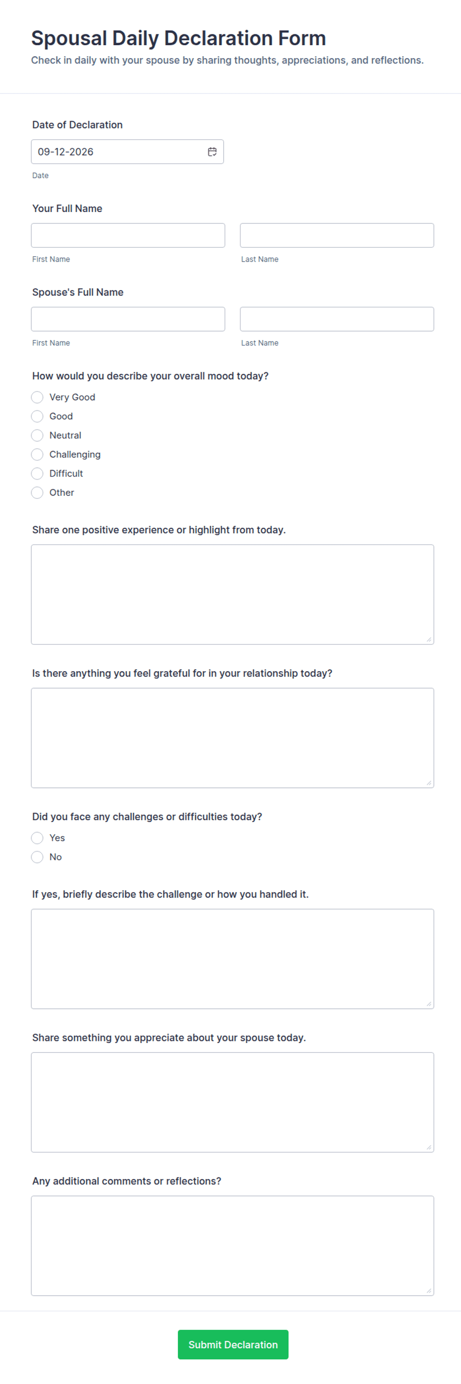 Spousal Daily Declaration Form Template | Jotform