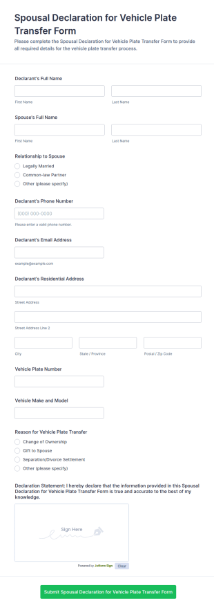 Spousal Declaration For Vehicle Plate Transfer Form Template