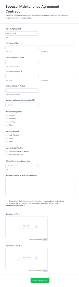 Spousal Maintenance Agreement Contract Form Template