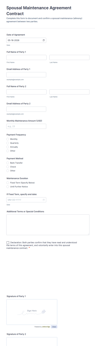Spousal Maintenance Agreement Contract Form Template