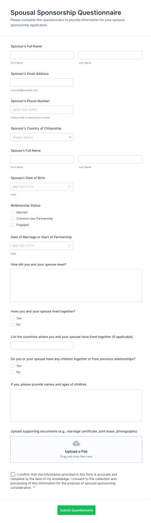 Spousal Sponsorship Questionnaire Form Template