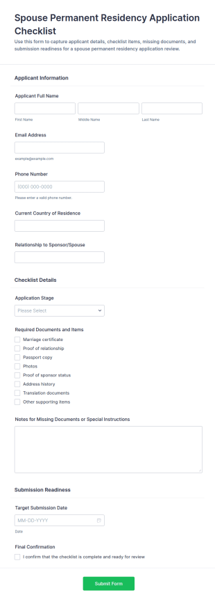 Spouse Permanent Residency Application Checklist Form Template