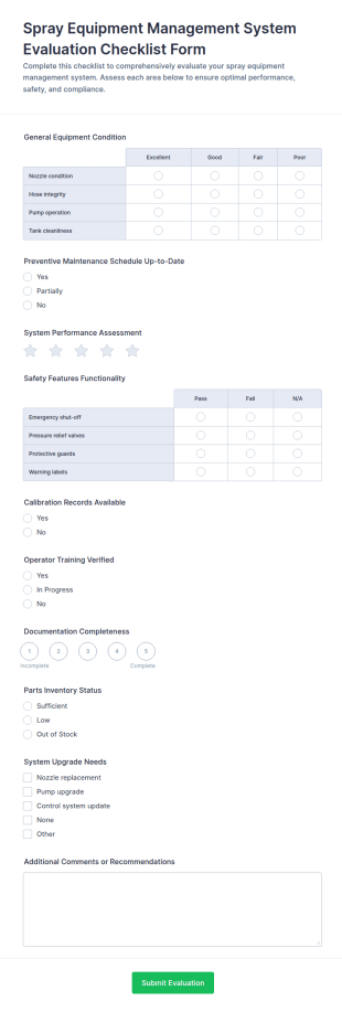 Spray Equipment Management System Evaluation Checklist Form Template