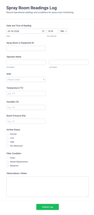 Spray Room Readings Log Form Template
