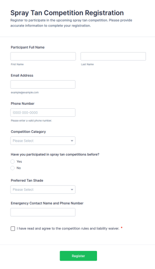 Spray Tan Competition Registration Form Template