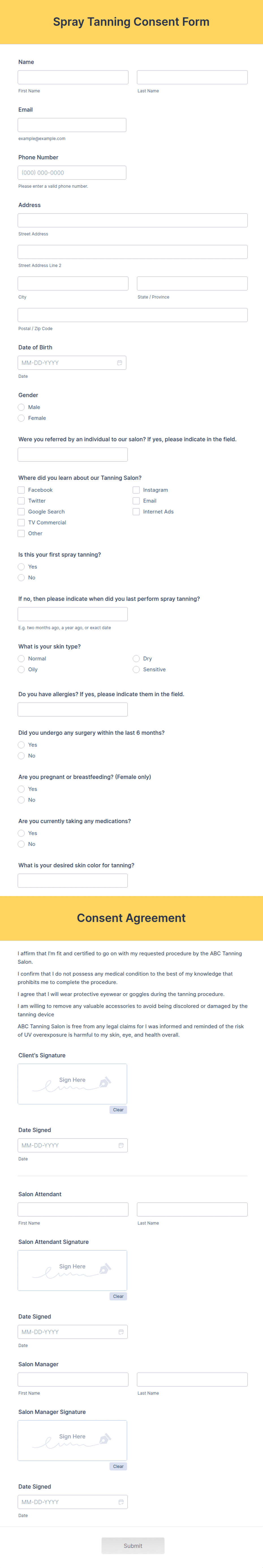 Spray Tanning Consent Form Template Jotform