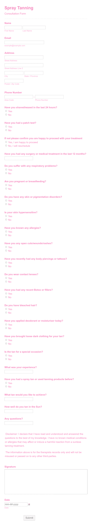 Spray Tanning Intake Form Template