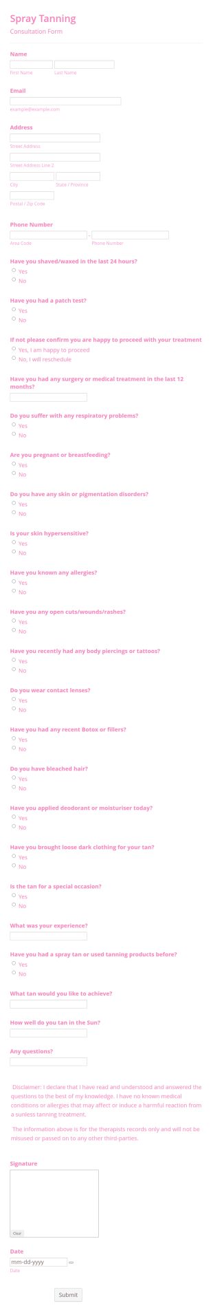 Spray Tanning Intake Form Template