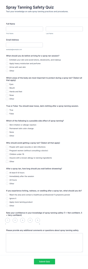 Spray Tanning Safety Quiz Form Template