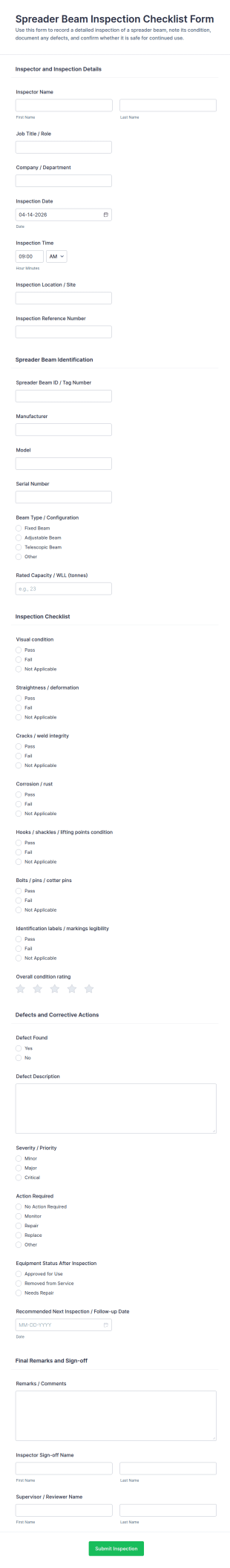 Spreader Beam Inspection Checklist Form Template