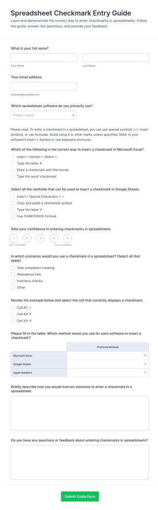 Spreadsheet Checkmark Entry Guide Form Template