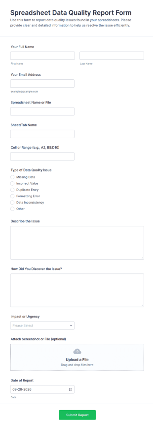 Spreadsheet Data Quality Report Form Template