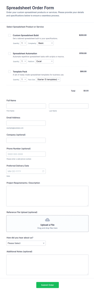 Spreadsheet Order Form Template