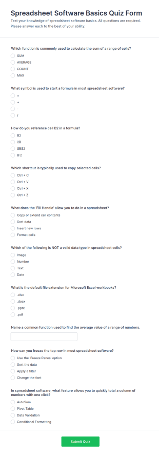 Spreadsheet Software Basics Quiz Form Template