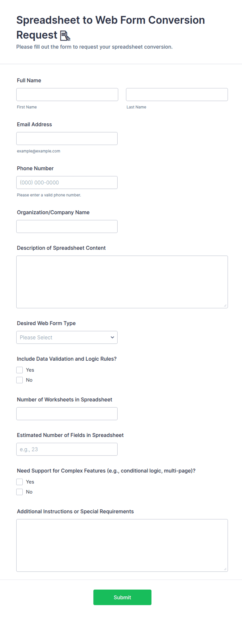 Spreadsheet to Web Form Conversion Request 📝 | Jotform
