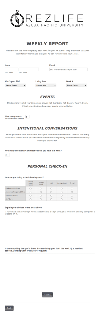Residencial Life Weekly Report Form Template