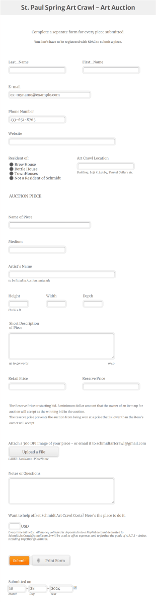 Spring Art Crawl Auction Submission Form Template
