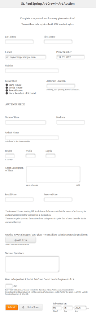 Art Auction Form Template