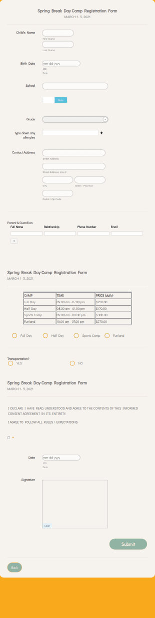 Spring Break Day Camp Registration Form Template