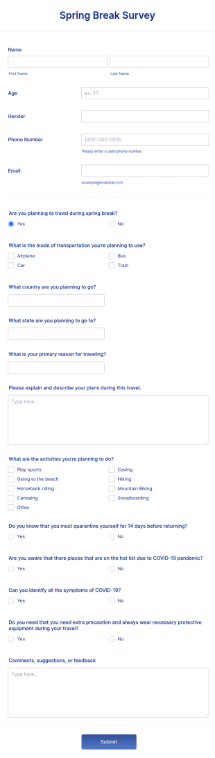 Spring Break Survey Form Template