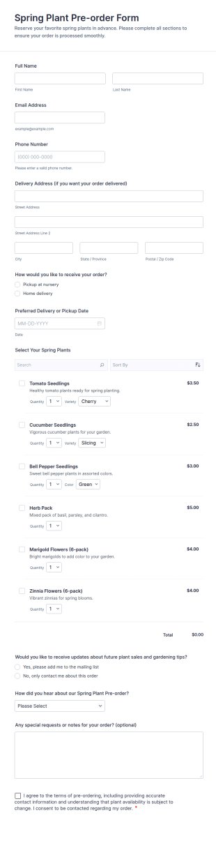 Spring Plant Pre Order Form Template