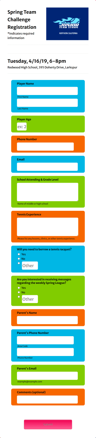 Spring Tennis Challenge Registration Form Template