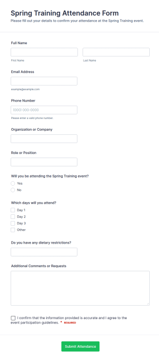 Spring Training Attendance Form Template