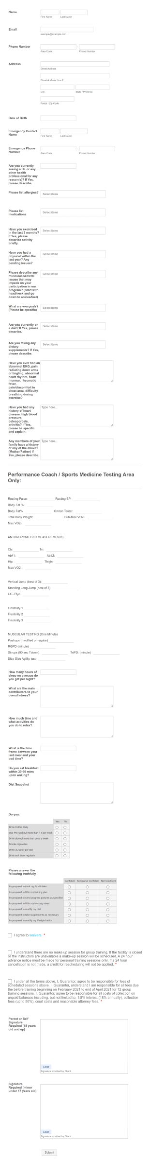Fitness Performance Training Evaluation Form Template
