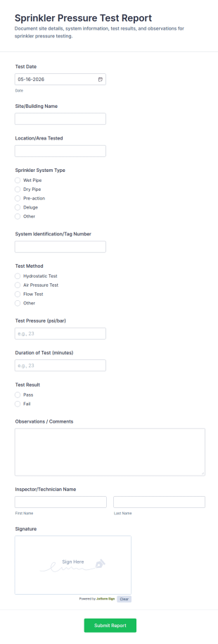 Sprinkler Pressure Test Report Form Template