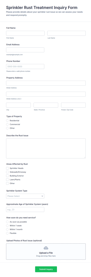 Sprinkler Rust Treatment Inquiry Form Template
