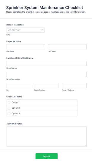 Sprinkler System Maintenance Checklist Form Template
