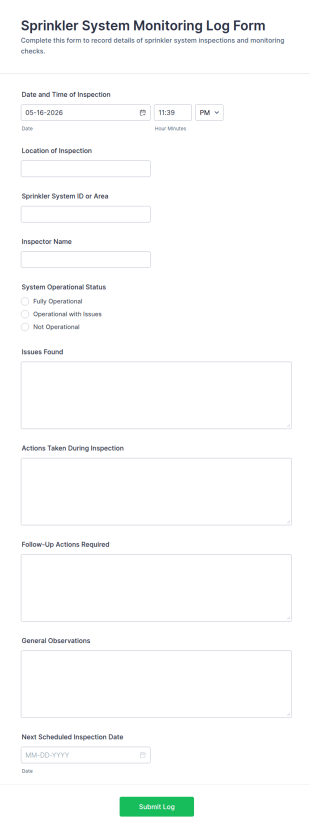 Sprinkler System Monitoring Log Form Template