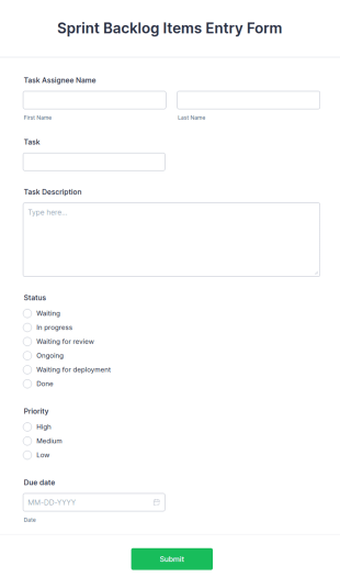 Sprint Backlog Items Entry Form Template